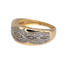 Load image into Gallery viewer, Preowned 9ct Yellow and White Gold &amp; Diamond Set Infinity Style Weave Knot Band Ring in size M with the weight 3.10 grams. The front of the band is 8mm wide and the top and bottom of the ring say &#39;Together Forever&#39;

