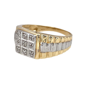 Preowned 9ct Yellow and White Gold & Diamond Set Watch Style Ring in size V with the weight 4.80 grams. The front of the ring is 10mm high