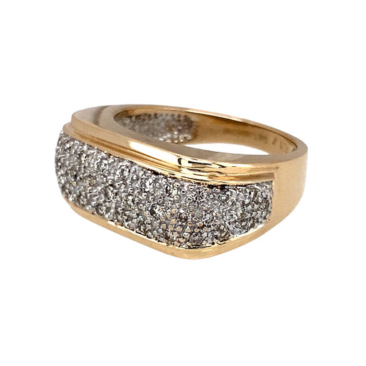 Preowned 9ct Yellow and White Gold & Diamond Pave Set Flat Front Band Ring in size L with the weight 6 grams. The front of the band is 10mm wide