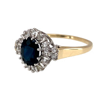Load image into Gallery viewer, Preowned 9ct Yellow and White Gold Diamond &amp; Sapphire Set Cluster Ring in size Q with the weight 2.70 grams. The sapphire stone is 8mm by 6mm
