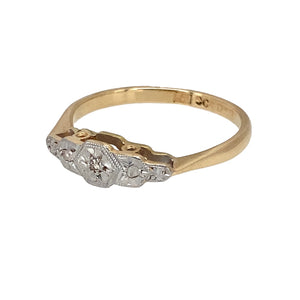 Preowned 9ct Yellow Gold & Platinum Diamond Set Antique Style Ring in size M with the weight 1.60 grams. The front of the ring is 5mm high