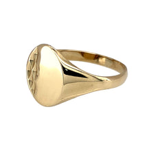 Load image into Gallery viewer, Preowned 9ct Yellow Gold Patterned Oval Signet Ring in size U with the weight 2.50 grams. The front of the ring is 13mm high
