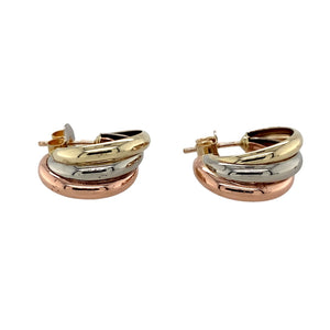 Preowned 9ct Yellow, White and Rose Gold Three Band Half Hoop Stud Earrings with the weight 2.60 grams
