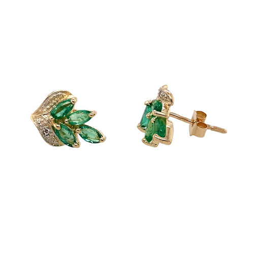 9ct Gold Diamond & Emerald Set Leaf Stud Earrings