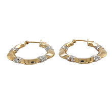 Load image into Gallery viewer, Preowned 9ct Yellow and White Gold Patterned Hoop Creole Earrings with the weight 2.70 grams
