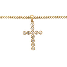 Load image into Gallery viewer, Preowned 18ct Yellow Gold &amp; Diamond Set Cross Pendant on an 18&quot; curb chain with the weight 8.80 grams. The pendant is 3.2cm long including the bail and contains approximately 44pt of diamond content in total
