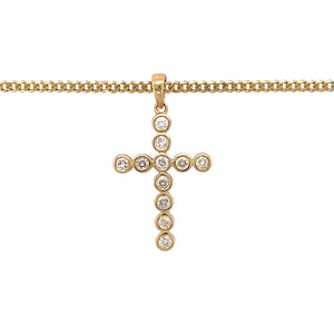 Preowned 18ct Yellow Gold & Diamond Set Cross Pendant on an 18" curb chain with the weight 8.80 grams. The pendant is 3.2cm long including the bail and contains approximately 44pt of diamond content in total