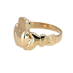 Preowned 9ct Yellow Gold Claddagh Ring in size M with the weight 3.20 grams. The front of the ring is 13mm high