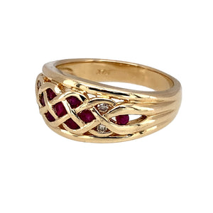 Preowned 9ct Yellow Gold Diamond & Ruby Set Wide Band Ring in size O with the weight 5.10 grams. The front of the band is 10mm wide