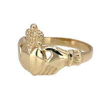 Load image into Gallery viewer, Preowned 9ct Yellow Gold Claddagh Ring in size S with the weight 3.50 grams. The front of the ring is 15mm high
