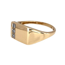 Load image into Gallery viewer, Preowned 9ct Yellow and White Gold &amp; Diamond Set Signet Ring in size R with the weight 3.50 grams. The front of the ring is 9mm high
