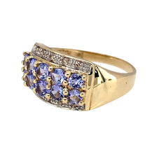 Load image into Gallery viewer, Preowned 9ct Yellow and White Gold Diamond &amp; Tanzanite Set Wide Band Ring in size P with the weight 3.70 grams. The front of the band is 10mm high and the tanzanite stones are each 3mm diameter
