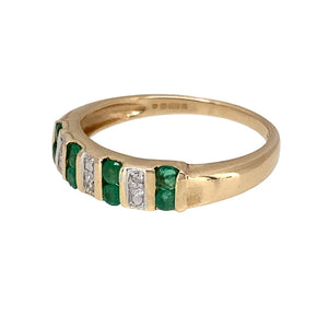 Preowned 9ct Yellow and White Gold Diamond & Emerald Set Band Ring in size L with the weight 1.90 grams. The front of the band is 4mm wide