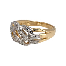 Load image into Gallery viewer, Preowned 9ct Yellow and White Gold &amp; Diamond Set Celtic Knot Ring in size P with the weight 2.40 grams. The front of the ring is 9mm high
