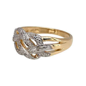 Preowned 9ct Yellow and White Gold & Diamond Set Celtic Knot Ring in size P with the weight 2.40 grams. The front of the ring is 9mm high