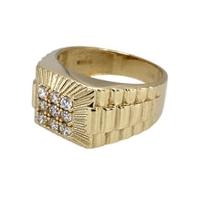 Load image into Gallery viewer, Preowned 9ct Yellow Gold &amp; Cubic Zirconia Set Watch Strap Style Ring in size O with the weight 5 grams. The front of the ring is 12mm high
