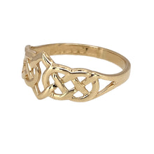 Load image into Gallery viewer, Preowned 9ct Yellow Gold Celtic Knot Ring in size N with the weight 1.70 grams. The front of the ring is 9mm high
