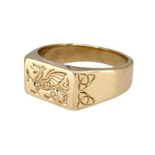 Load image into Gallery viewer, Preowned 9ct Yellow Gold Welsh Dragon Signet Ring in size U with the weight 8.60 grams. The front of the ring is 9mm high and there is a celtic knot on the sides of the ring
