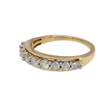 Load image into Gallery viewer, Preowned 9ct Yellow and White Gold &amp; Diamond Set Band Ring in size J with the weight 1.90 grams. There is approximately 27pt of diamond content in total at approximate clarity i3 and colour K - M
