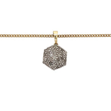 Load image into Gallery viewer, Preowned 9ct Yellow and White Gold &amp; Diamond Set Cluster Pendant on an 18&quot; curb chain with the weight 3.90 grams. The pendant is 1.9cm long including the bail and the diamonds are approximate clarity i1 and colour K - M
