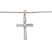 Load image into Gallery viewer, Preowned 9ct White Gold &amp; Cubic Zirconia Set Cross Pendant on an 18&quot; curb chain with the weight 2.70 grams. The pendant is 2.7cm long including the bail
