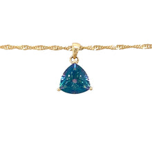 Load image into Gallery viewer, Preowned 9ct Yellow Gold &amp; Blue Mystic Topaz Triangular Pendant on an 18&quot; Singapore chain with the weight 3.30 grams. The topaz stone is 10mm by 10mm by 10mm
