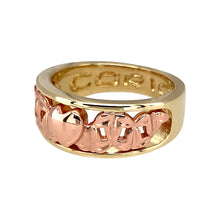 Load image into Gallery viewer, Preowned 9ct Yellow and Rose Gold Clogau Heart Cariad Band Ring in size K with the weight 5 grams. The front of the band is 7mm wide
