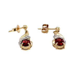Preowned 9ct Yellow and White Gold Diamond & Garnet Set Drop Earrings with the weight 1.90 grams. The garnet stones are each 6mm by 4mm