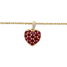 Load image into Gallery viewer, Preowned 9ct Yellow and White Gold Diamond &amp; Ruby Set Heart Pendant on an 18&quot; Prince of Wales chain with the weight 3.20 grams. The pendant is 1.8cm long including the bail
