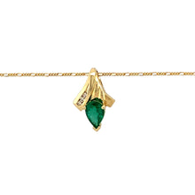 Load image into Gallery viewer, Preowned 14ct Yellow Gold Diamond &amp; Emerald Set Pendant on an 18&quot; fine Figaro chain with the weight 2.60 grams. The pendant is 1.7cm long and the emerald stone is 7mm by 5mm
