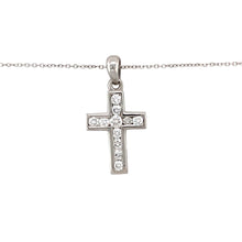 Load image into Gallery viewer, Preowned 18ct White Gold &amp; Diamond Set Cross Pendant on an 18&quot; trace chain with the weight 3.60 grams. The pendant is 2.8cm long including the bail
