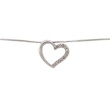 Load image into Gallery viewer, Preowned 9ct White Gold &amp; Diamond Set Open Heart Pendant on an 18&quot; fine box chain with the weight 1.70 grams. The pendant is 10mm by 12mm
