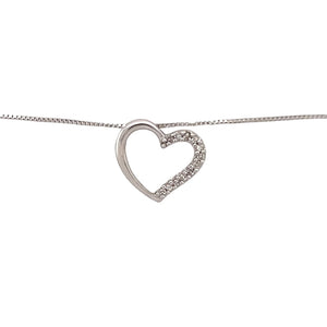 Preowned 9ct White Gold & Diamond Set Open Heart Pendant on an 18" fine box chain with the weight 1.70 grams. The pendant is 10mm by 12mm