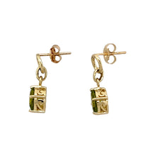 Load image into Gallery viewer, Preowned 9ct Yellow Gold &amp; Peridot Set Dropper Earrings with the weight 1.90 grams. The peridot stones are each 7mm by 5mm
