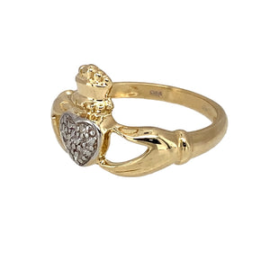 Preowned 9ct Yellow and White Gold & Diamond Set Claddagh Ring in size I with the weight 1.90 grams. The front of the ring is 11mm high