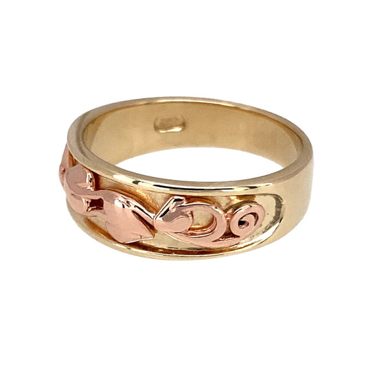 Preowned 9ct Yellow and Rose Gold Clogau Tree of Life Inlay Band Ring in size N with the weight 4 grams. The front of the band is 7mm wide
