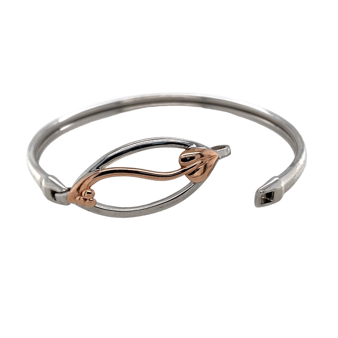 Preowned 925 Silver with 9ct Rose Gold Clogau Tree of Life 'through these eyes' Bangle with the weight 13.20 grams. The bangle has the diameter 6cm and the front of the bangle is 15mm high
