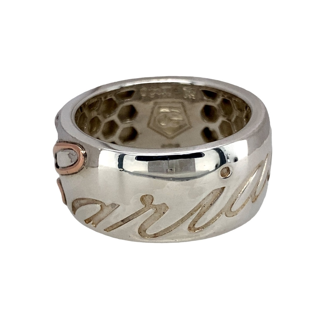 Preowned 925 Silver with 9ct Rose Gold Clogau Cariad Wedding Band Ring in size U with the weight 11.40 grams. The band is 11mm wide