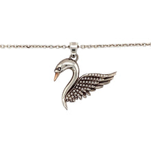 Load image into Gallery viewer, Graceful and symbolic, this pre-owned 925 silver and 9ct gold Clogau swan pendant necklace captures the elegance of nature and the heritage of Welsh design in one timeless piece.

Design: The pendant features a beautifully detailed swan, a symbol of love, loyalty, and purity, measuring 2.5cm long including the bail. Its flowing form is enhanced by 9ct gold accents, bringing warmth and definition to the graceful silhouette.
