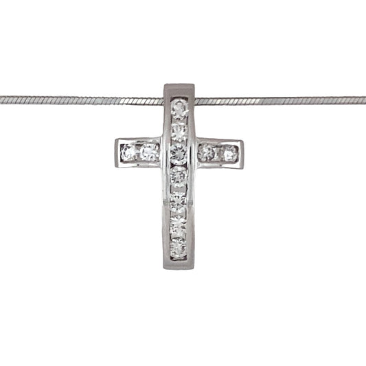 Preowned 18ct White Gold & Diamond Set Cross Pendant on a 16" snake chain with the weight 6.90 grams. The pendant is 2.2cm long and is set with approximately 44pt of diamond content