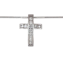 Load image into Gallery viewer, Preowned 18ct White Gold &amp; Diamond Set Cross Pendant on a 16&quot; snake chain with the weight 6.90 grams. The pendant is 2.2cm long and is set with approximately 44pt of diamond content
