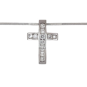 Preowned 18ct White Gold & Diamond Set Cross Pendant on a 16" snake chain with the weight 6.90 grams. The pendant is 2.2cm long and is set with approximately 44pt of diamond content