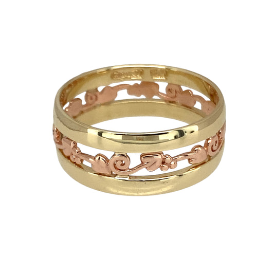 Preowned 9ct Yellow and Rose Gold Clogau Tree of Life Band Ring in size N with the weight 3.20 grams. The band is 7mm wide