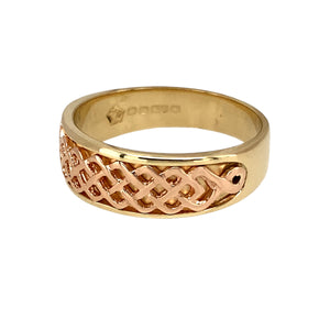 Preowned 9ct Yellow and Rose Gold Clogau Lady Guinevere Celtic Knot Style Band Ring in size N with the weight 4.60 grams. The front of the ring is 7mm wide
