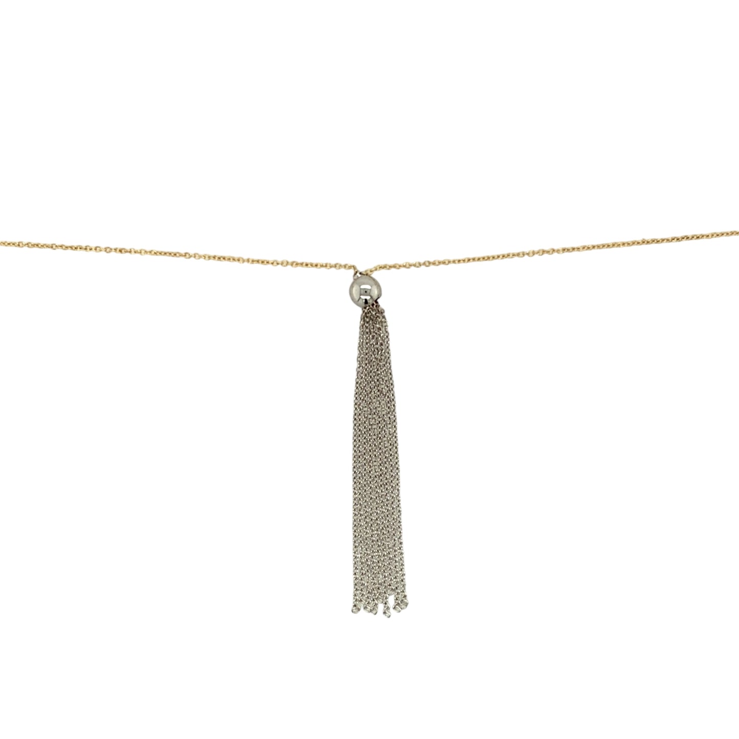Preowned 18ct Yellow and White Gold 18" Ball Tassel Necklace with the weight 2.80 grams. The white gold ball is 5mm diameter
