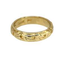 Load image into Gallery viewer, Preowned 9ct Yellow Gold Clogau Cariad Tree of Life Band Ring in size O with the weight 4.30 grams. The band is 5mm wide and is not suitable for sizing due to the pattern all the way around the band
