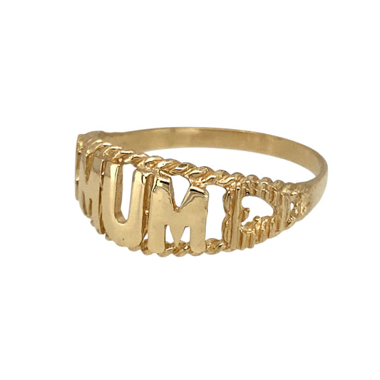 New 9ct Yellow Gold Mum Ring in size P to Q with the weight 1.70 grams. The front of the ring is 8mm wide and the ring has hearts on the shoulders