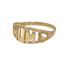 Load image into Gallery viewer, New 9ct Yellow Gold Mum Ring in size P to Q with the weight 1.70 grams. The front of the ring is 8mm wide and the ring has hearts on the shoulders
