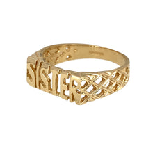 Load image into Gallery viewer, New 9ct Yellow Gold Sister Ring in size O - P with the weight 2.50 grams. The front of the ring is 6mm high and the shoulders have an open basket style pattern
