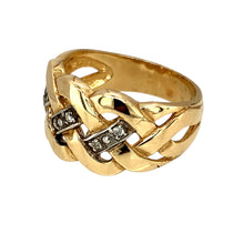 Load image into Gallery viewer, New 9ct Yellow and White Gold &amp; Cubic Zirconia Set Wide Knot Ring in size V with the weight 7.60 grams. The front of the ring is 13mm high
